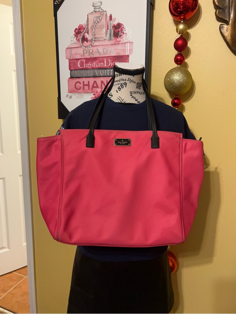 kate spade Hot Pink nylon with Black  leather Handles tote bag - Picture 8 of 16